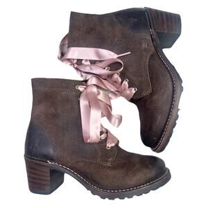 Frye Y2k Combat Lace-Up Boot, Sabrina 6G Brown w/ Pink Ribbon Laces Size 8